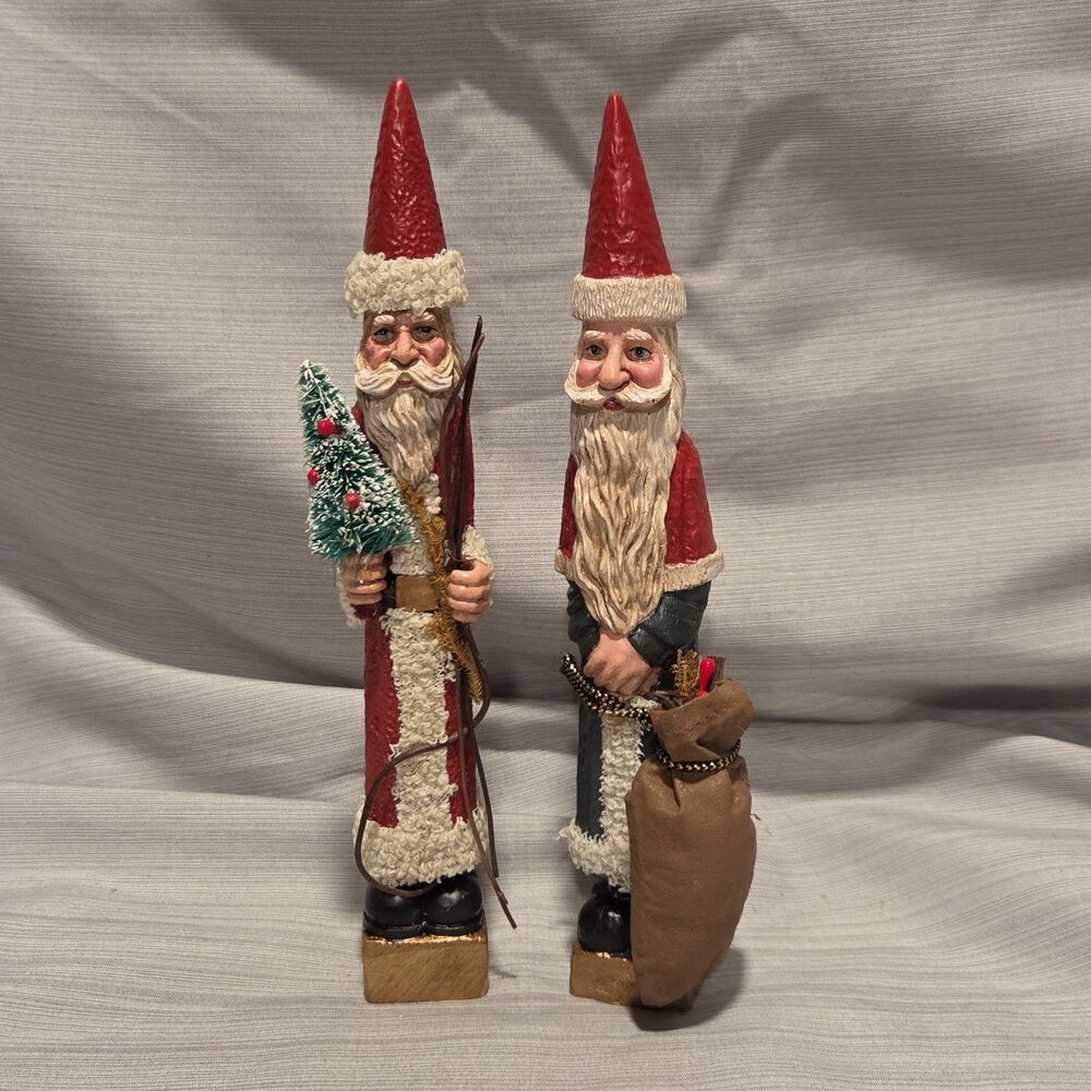 Vintage Santa Tall Skinny Pencil Figures Old World Type Santa Tree Sack Lot X2